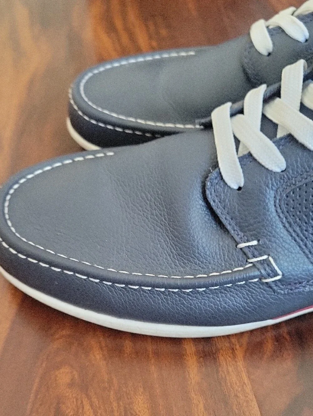 Lacoste Navy Leather Boat Shoes with White Laces